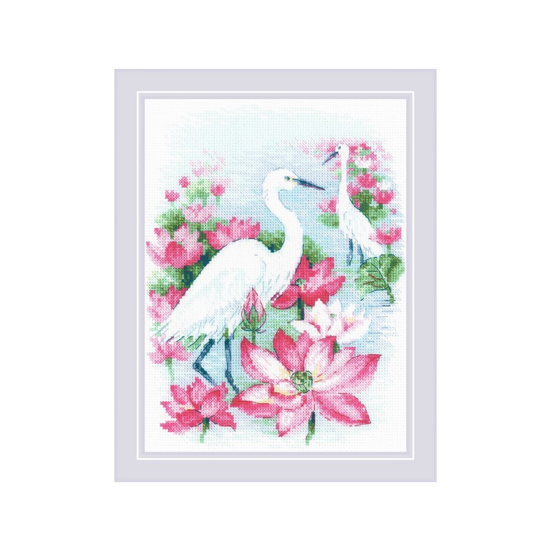 Kit de broderie Champ de Lotus. Hérons
