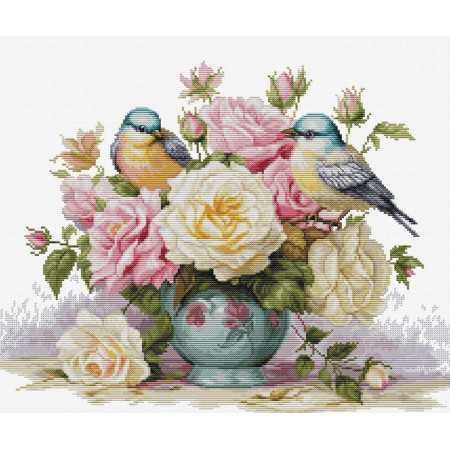 Kit de broderie Vase avec roses et oiseaux